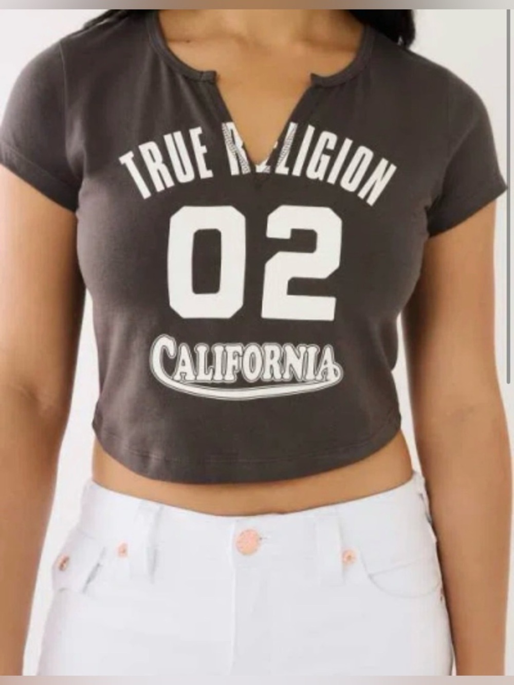 True Religion Charcoal Crop Tee with White '02 California' Logo